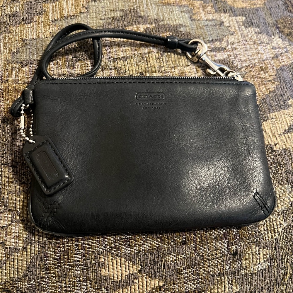 Coach Black Leather Wristlet with Silver Hardware
